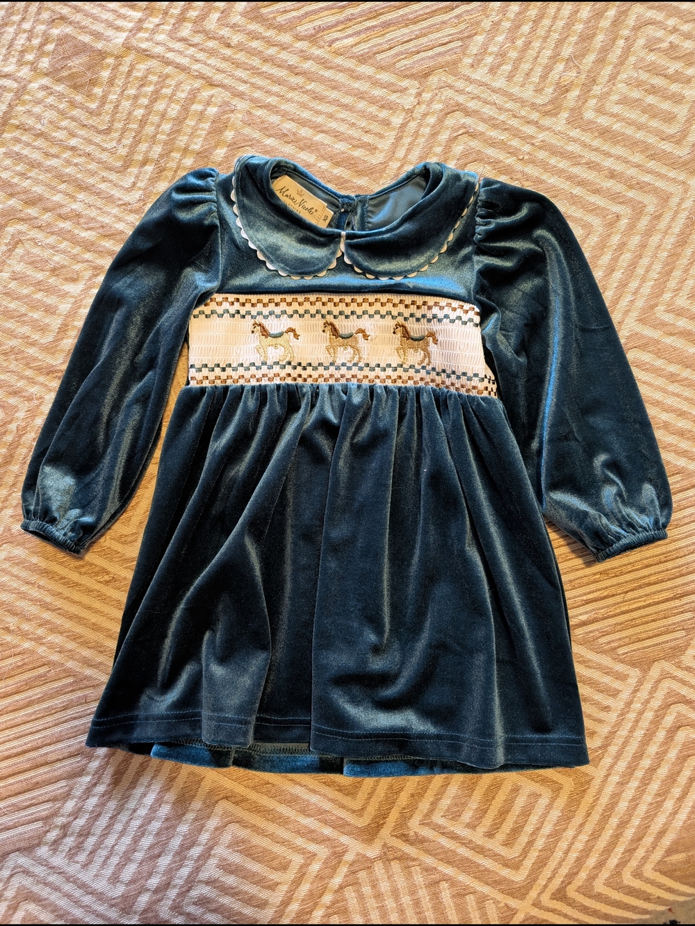 Velvet Smocked Horse Dress - Navy Blue